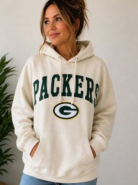 Green Bay Packers Hoodie Cream Pullover NFL Logo Sweatshirt womens Large